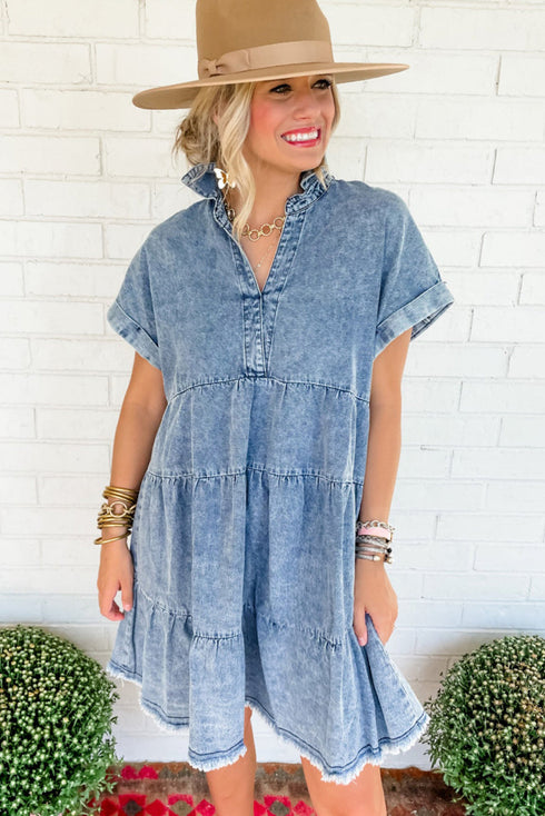 Blue Acid Wash V Neck Tiered Denim Dress